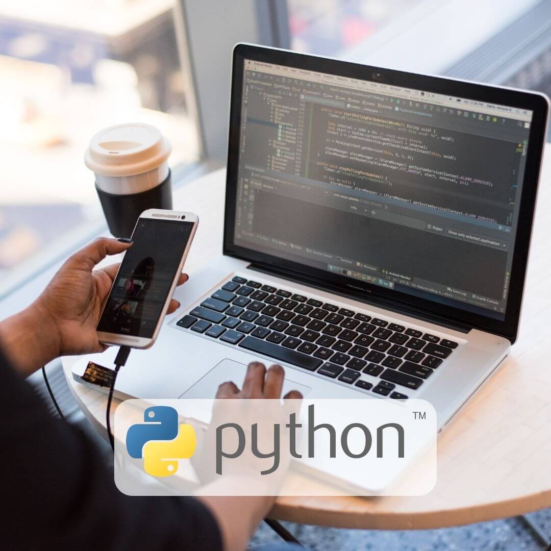 programming with python. Image shows programmer and the Python symbol